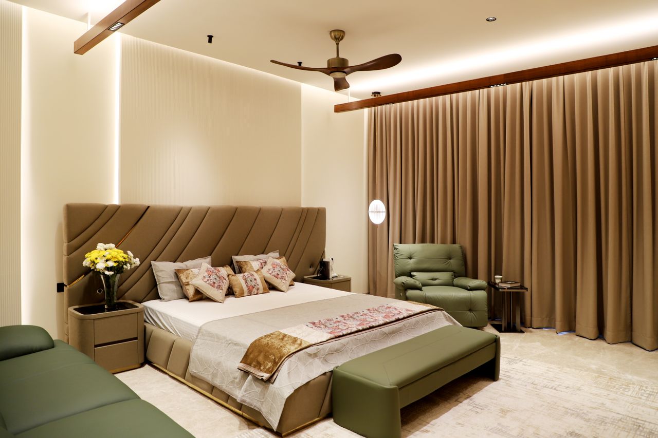 Chambre contemporaine avec ambiance douce et matières chaleureuses, vue 7.