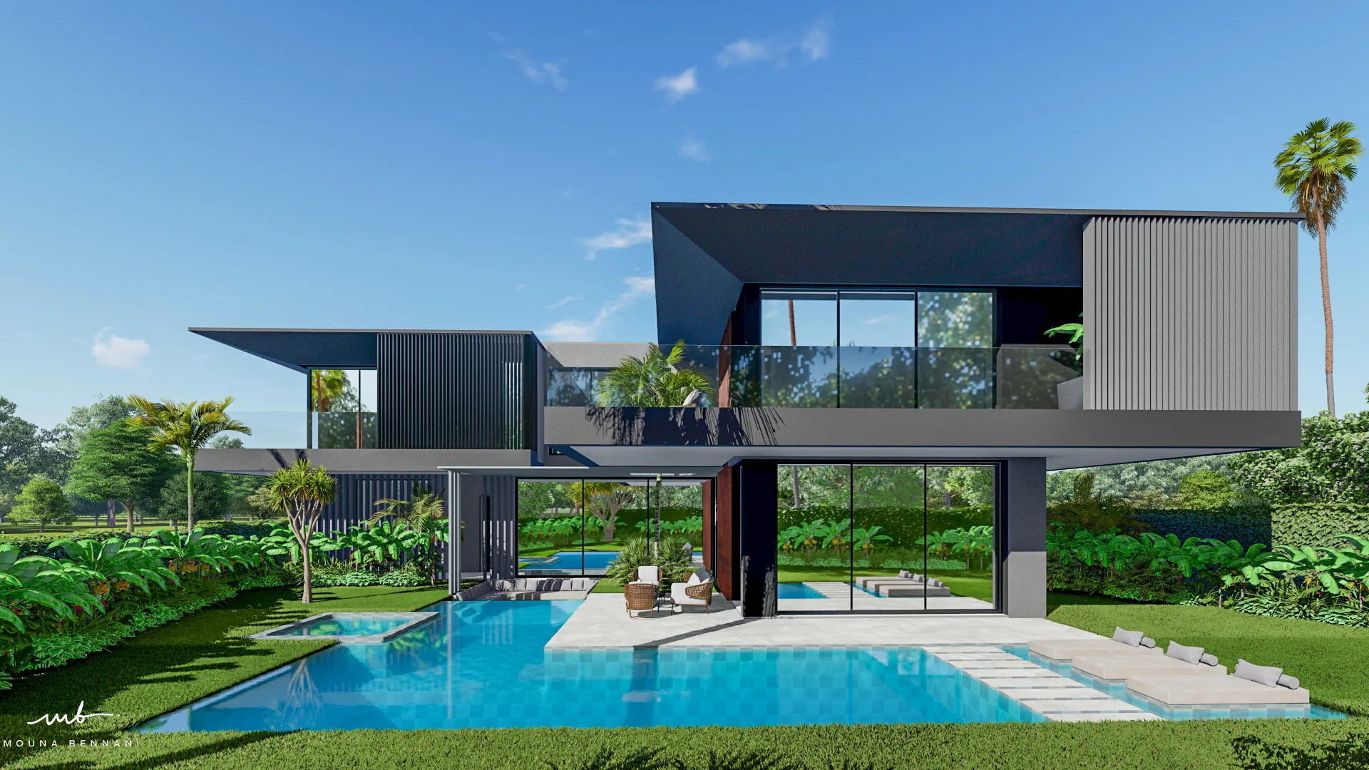 Villa contemporaine avec espaces intérieurs et extérieurs aménagés, vue 1.